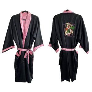 JAPANESE Women Reversible Robe One SZ Black Pink Embroidered Dragon Kimono 65-3